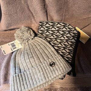 Michael Kors Light Gray Knit Set. Pom pom hat And signature scarf